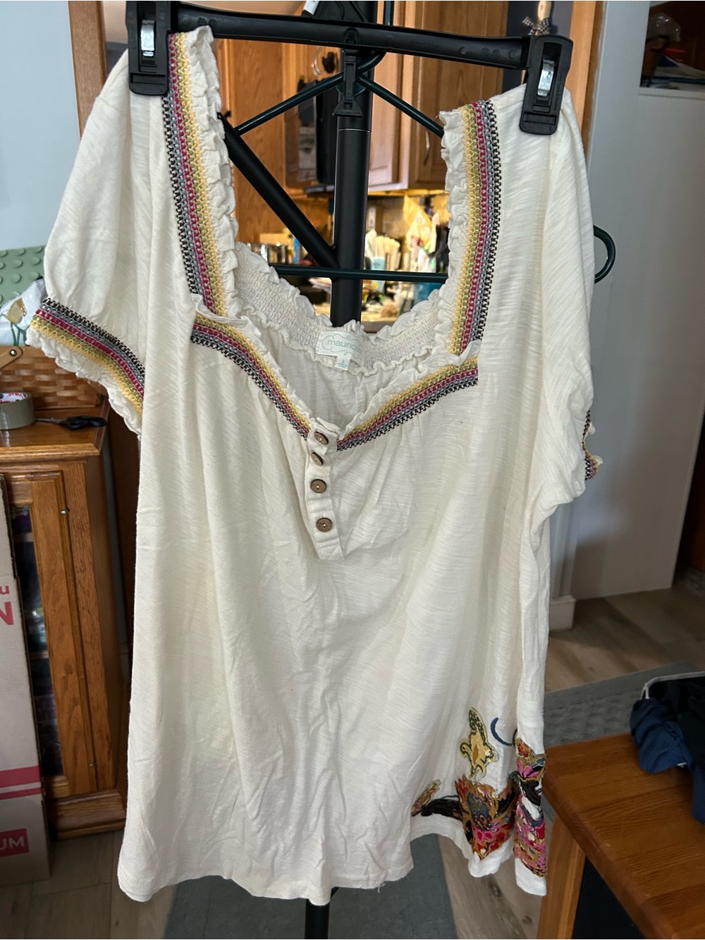 Maurices Cream Embroidered Peasant Tunic with Multicolor Trim